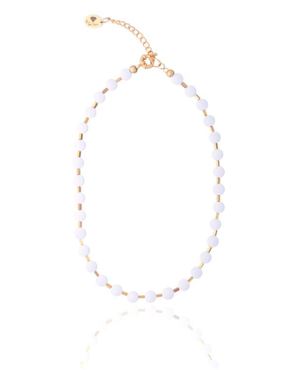 White Dots Hematite Necklace with gold accents and minimalist design